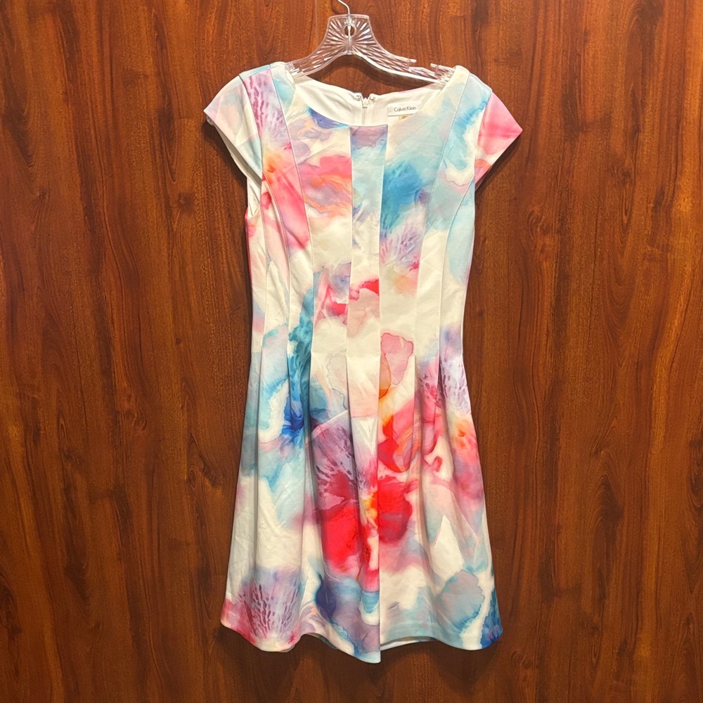 Calvin Klein White Lined Dress with Pastel Accents